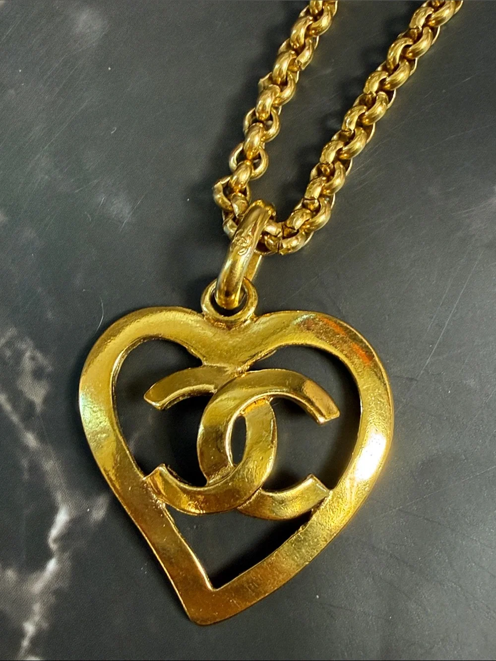 CHANEL Gold Heart Pendant Necklace with Interlocking CC